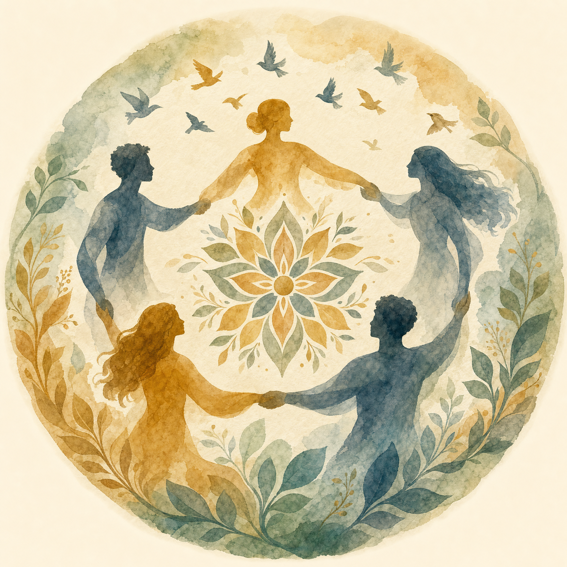 Community: watercolor illustration of five figures in blue and gold joining hands in a circle around a central flowering motif, ringed by foliage.