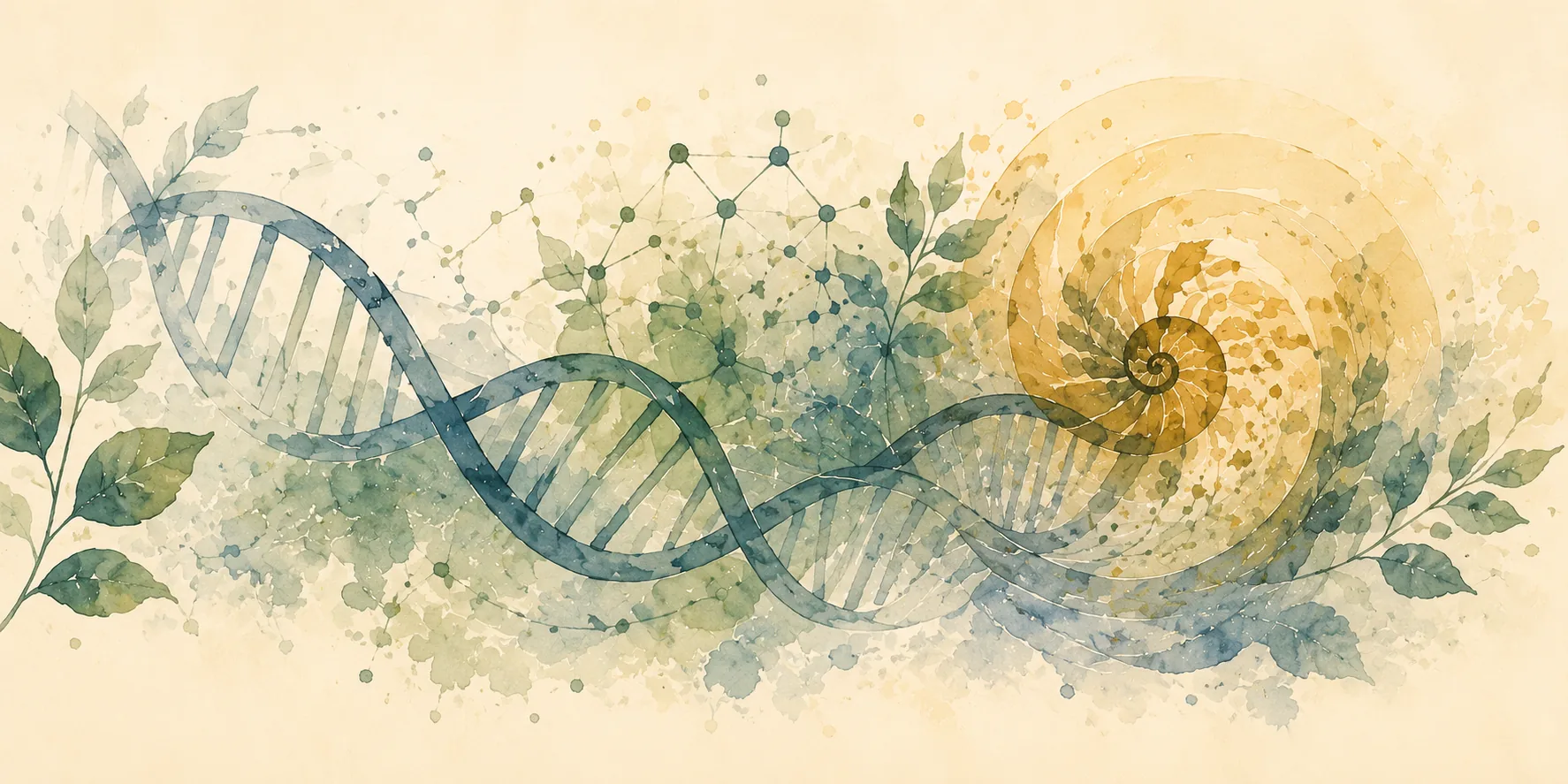 Research: watercolor of a DNA double helix among leaves and molecular patterns, beside a golden spiral shell.
