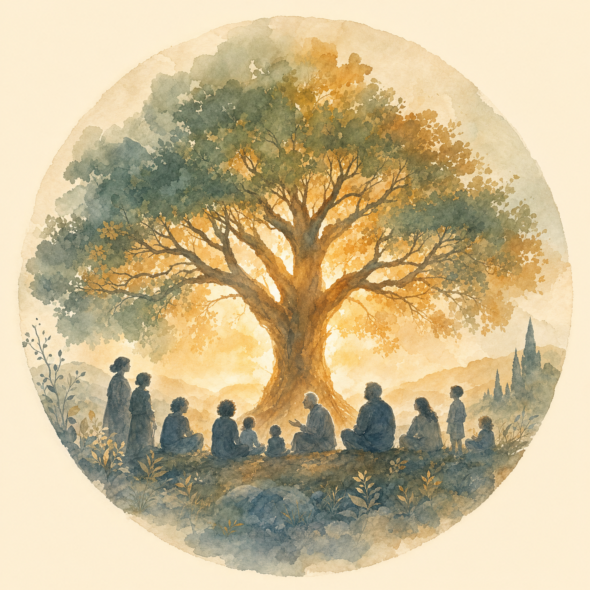 Education: watercolor illustration of a large tree at sunrise with people of different ages seated and gathered beneath it.