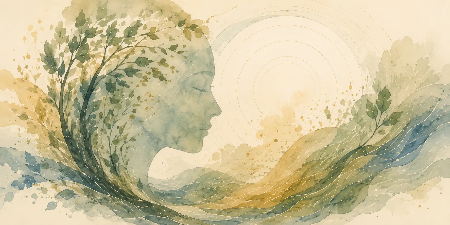 Unfolding Awareness: watercolor profile of a face with eyes closed, formed from leaves and branches that flow into waves of green and gold.