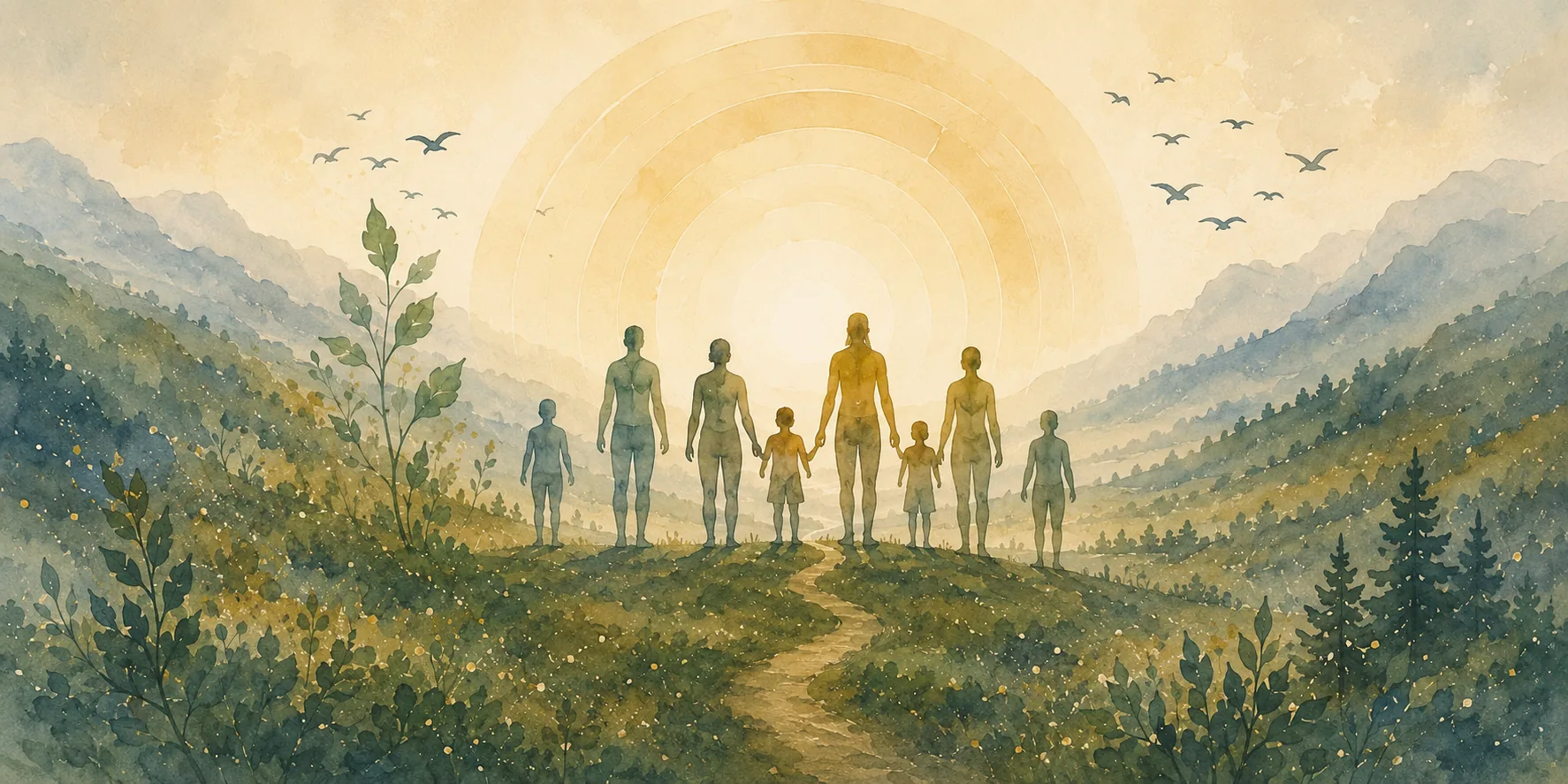 Our Mission: watercolor silhouettes of adults and children holding hands on a hilltop, facing a rising sun with birds overhead.