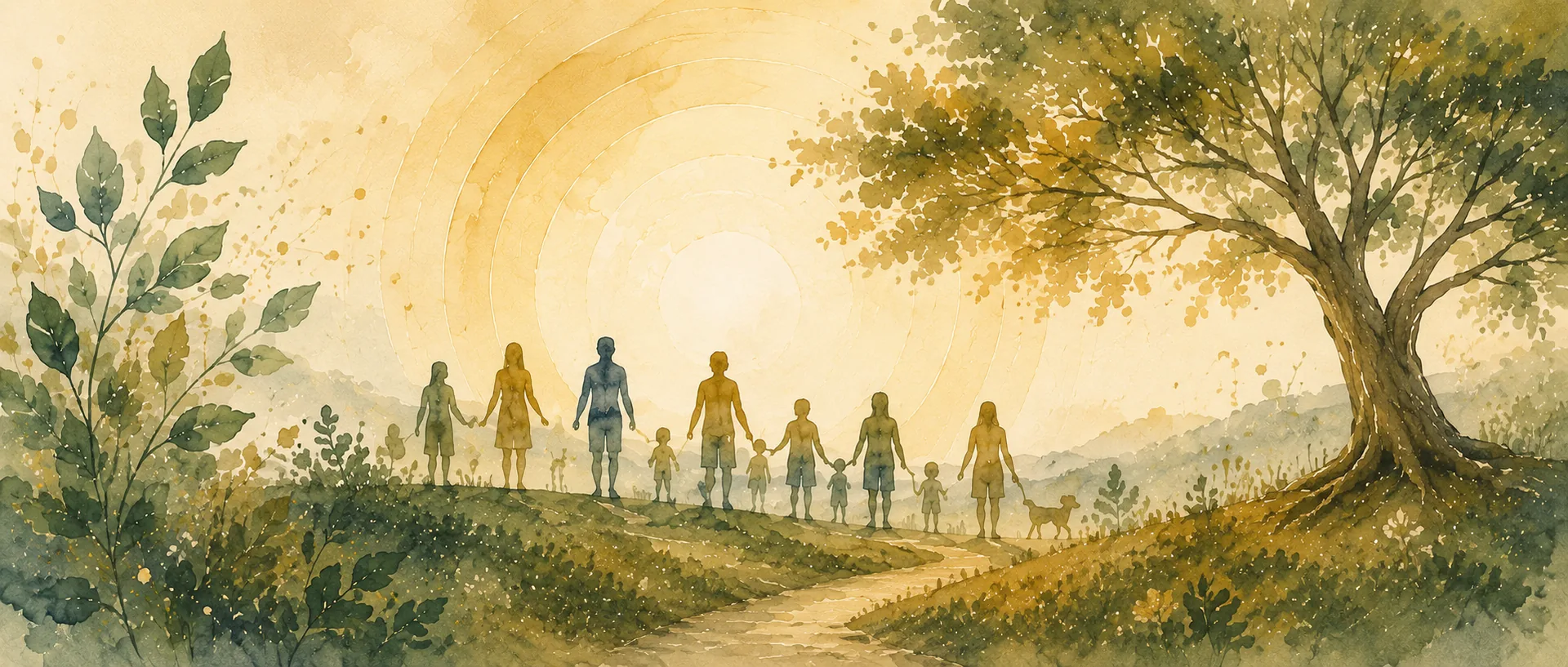 Contact: watercolor silhouettes of a multigenerational group holding hands along a path, with a large tree and a radiant sun.