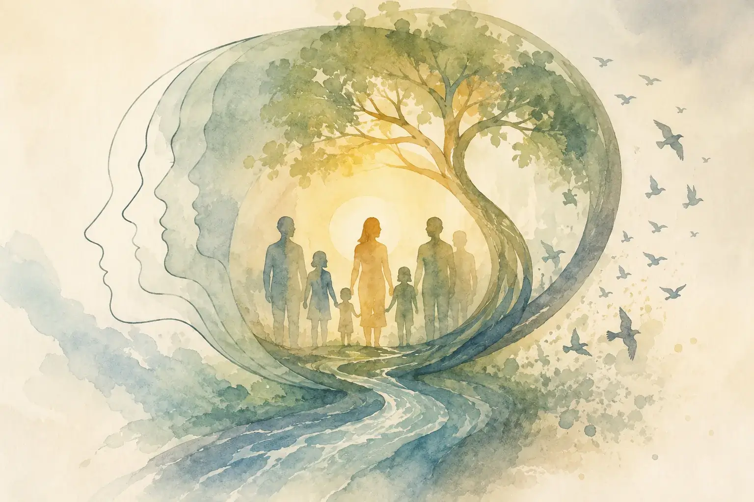 Developmental Research Institute - Human development across the lifespan: watercolor illustration of overlapping human profiles opening into a scene of a family standing together beneath a tree along a winding river, with birds taking flight.
