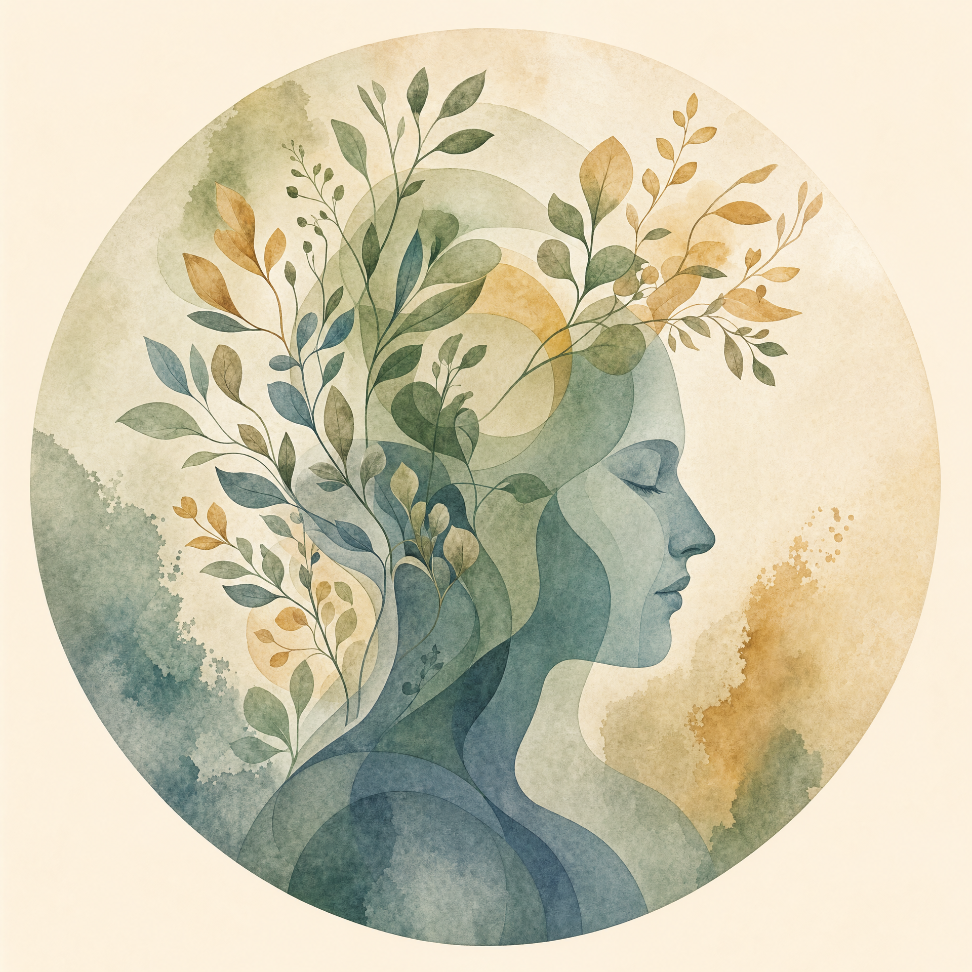 Human development: watercolor profile of a person's head in soft blues and greens, with leafy branches growing upward from within it.