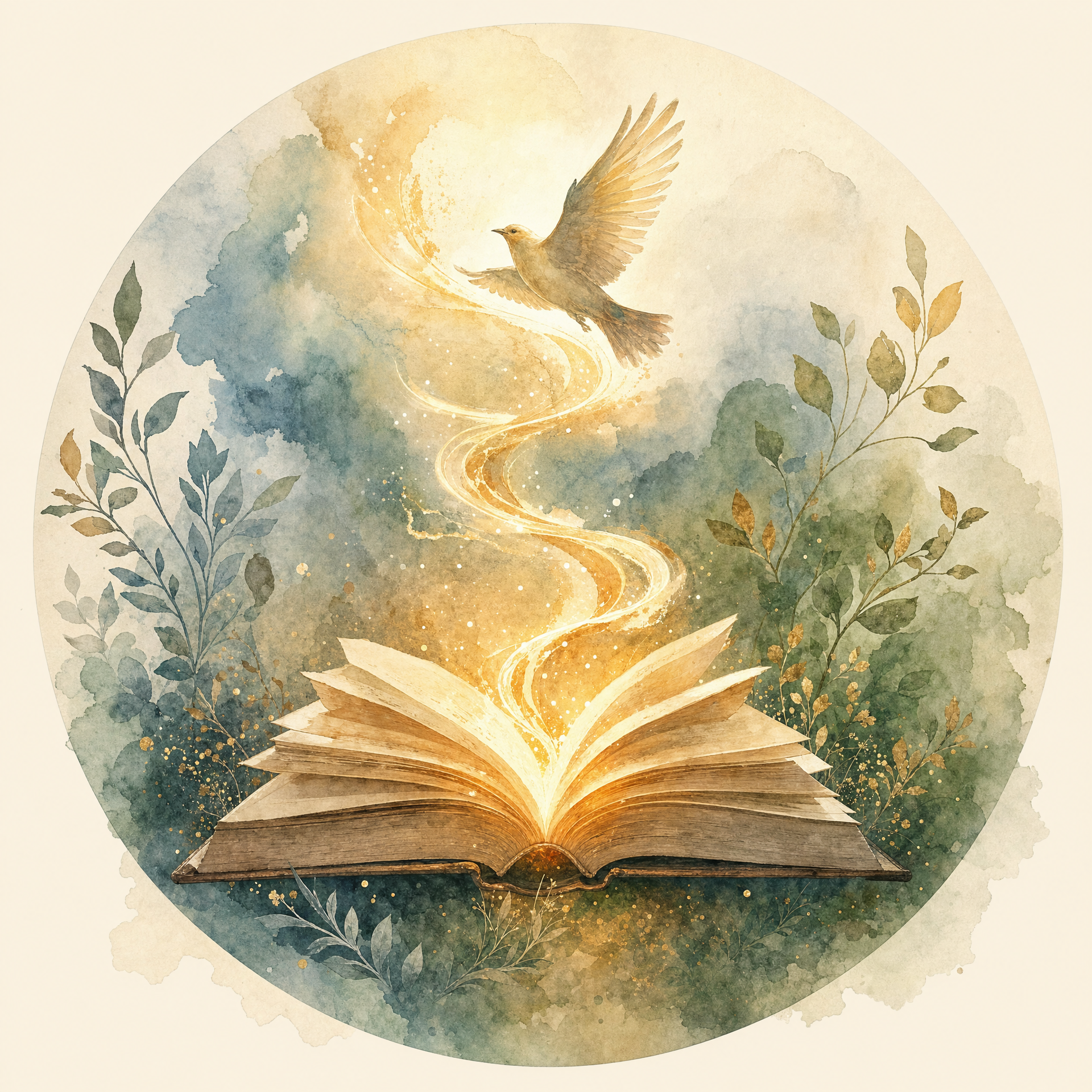 Publications: watercolor illustration of an open book with light rising from its pages and a bird in flight above it, framed by leafy branches.