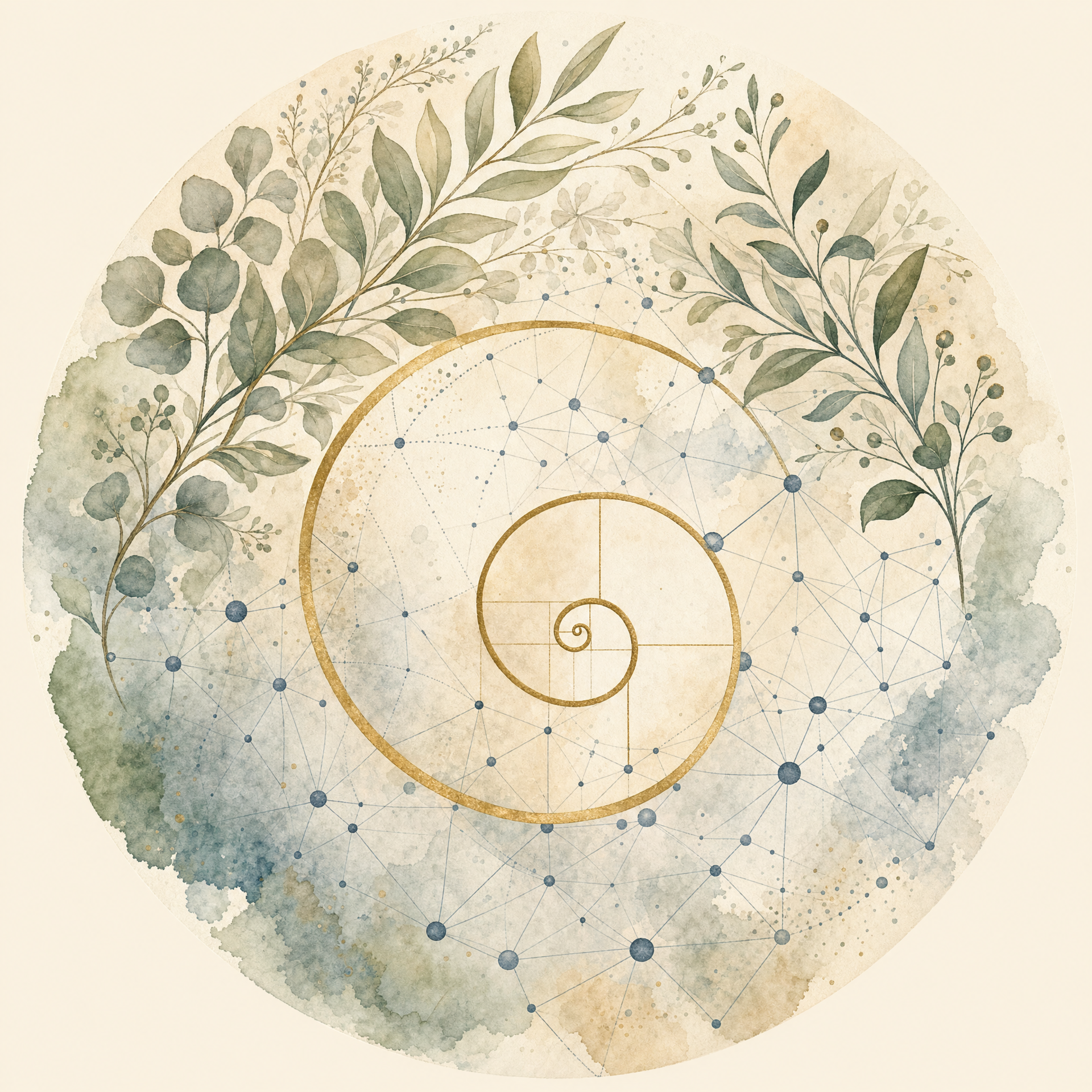 Research and science: watercolor illustration of a golden spiral overlaid on a network of connected points, framed by trailing green leaves.
