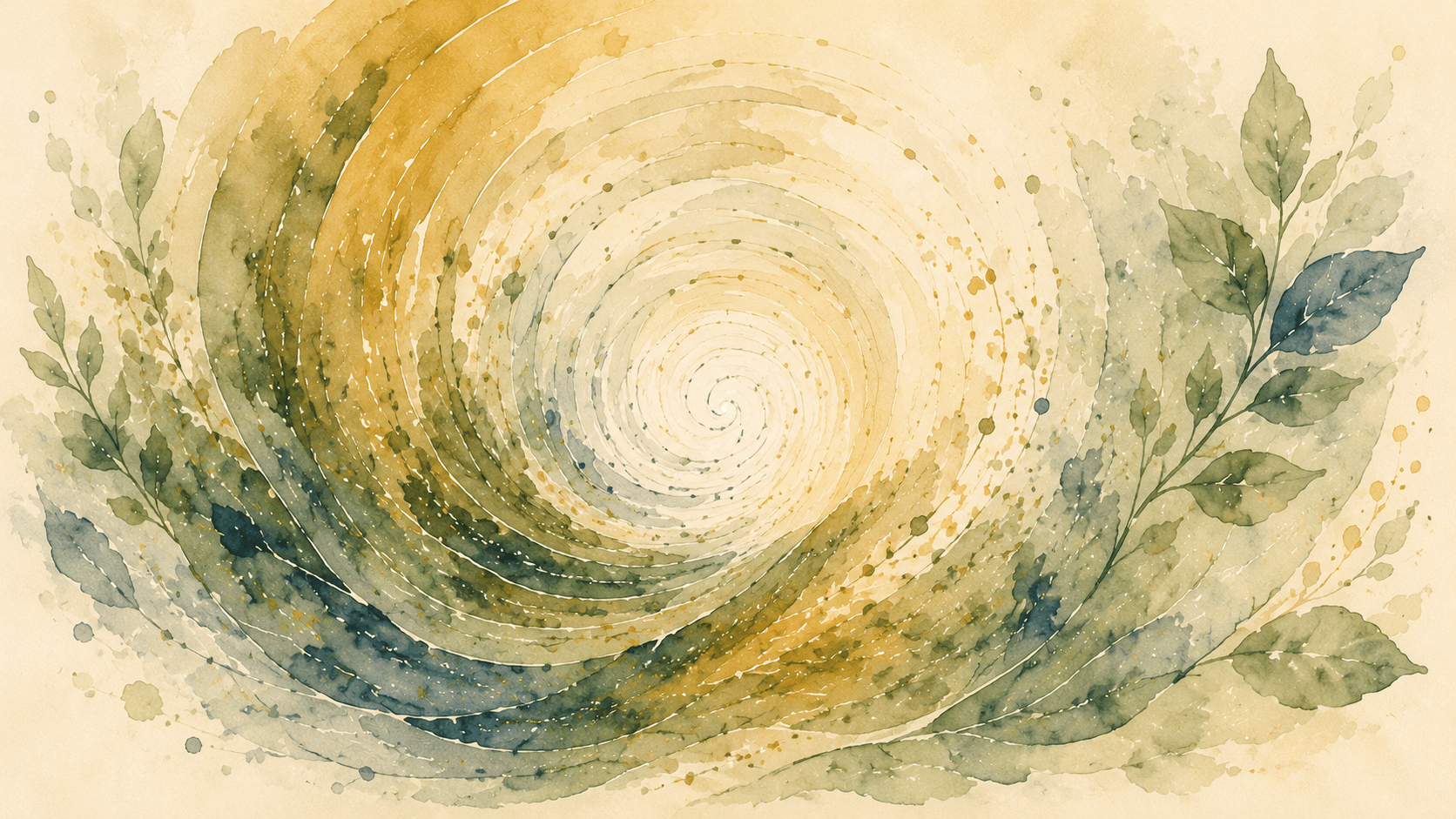 Abstract watercolor spiral of gold and green radiating outward and framed by leaves, representing research that serves humanity.