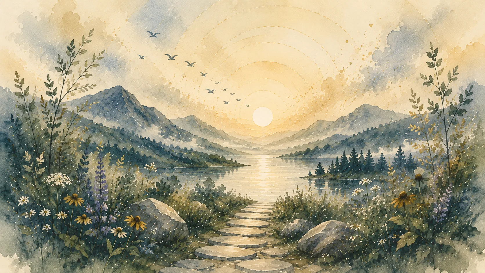 About DRI: watercolor landscape of stepping stones leading to a calm lake between mountains, with wildflowers and a rising sun.