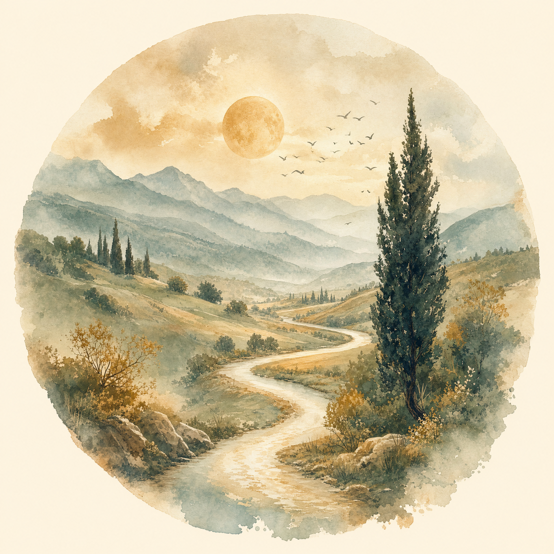 Transformation: watercolor landscape of a river winding through hills toward distant mountains, with a rising sun and birds overhead.