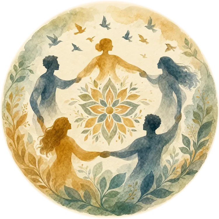 Community: watercolor illustration of five figures in blue and gold joining hands in a circle around a central flowering motif, ringed by foliage.