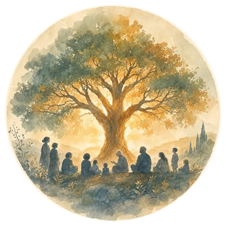 Education: watercolor illustration of a large tree at sunrise with people of different ages seated and gathered beneath it.