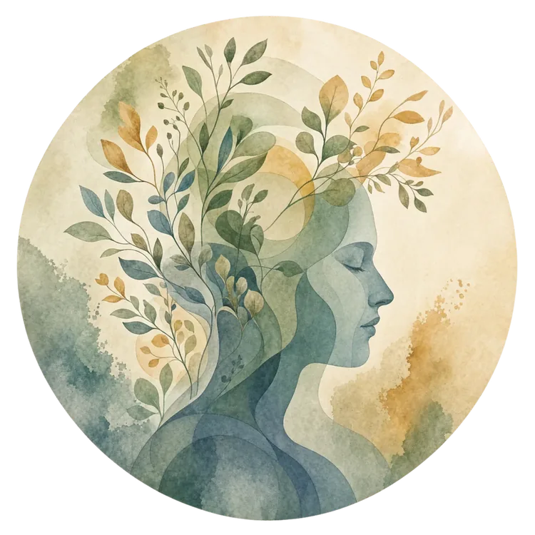 Human development: watercolor profile of a person's head in soft blues and greens, with leafy branches growing upward from within it.