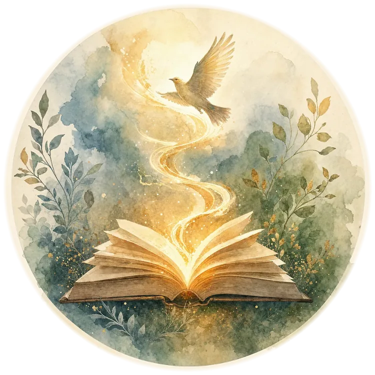 Publications: watercolor illustration of an open book with light rising from its pages and a bird in flight above it, framed by leafy branches.