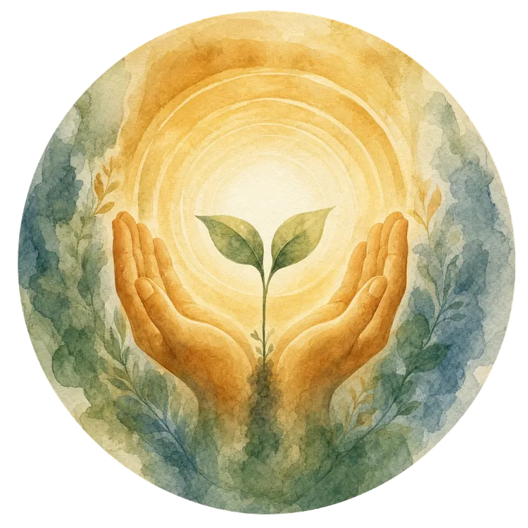 Support our work: watercolor illustration of two cupped hands holding a young green seedling against a glowing golden background.