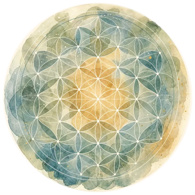 Systems thinking: watercolor rendering of an interlocking circular geometric pattern in blue, green, and gold.