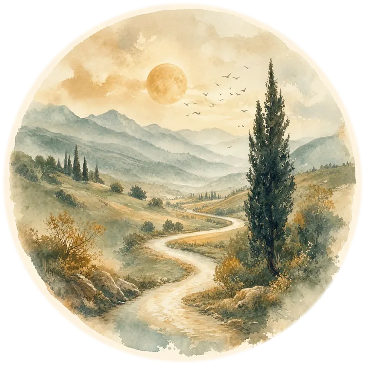 Transformation: watercolor landscape of a river winding through hills toward distant mountains, with a rising sun and birds overhead.